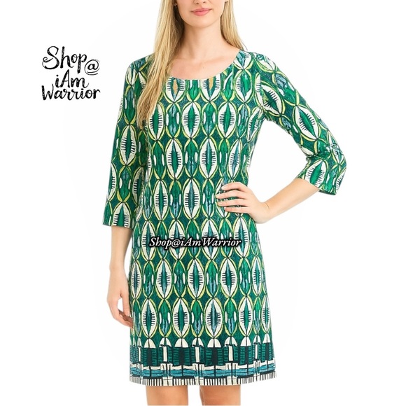 Laundry stretch green geometric print shift dress *shop@iamwarrior - Picture 1 of 6